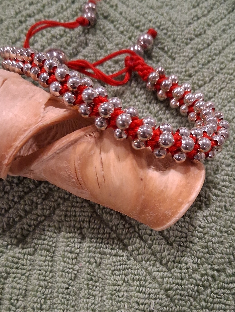 Red Bead Macramé Bracelet with Silver Accent String Adjustable